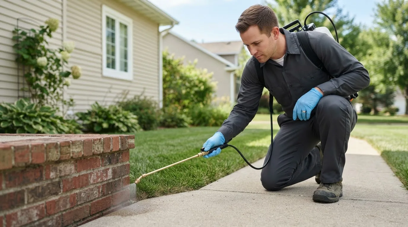 Pest control technician treating a home near New Summerfield, TX